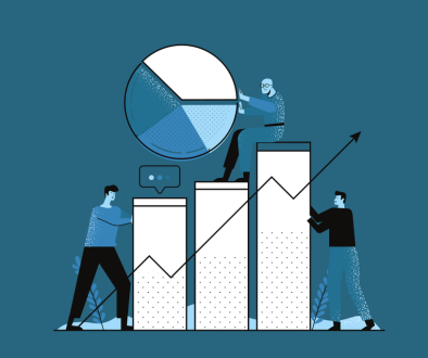 One person pushes a lower bar upward, another climbs and holds a pie chart, business analysis while the third supports the highest bar.