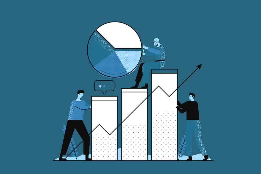 One person pushes a lower bar upward, another climbs and holds a pie chart, business analysis while the third supports the highest bar.